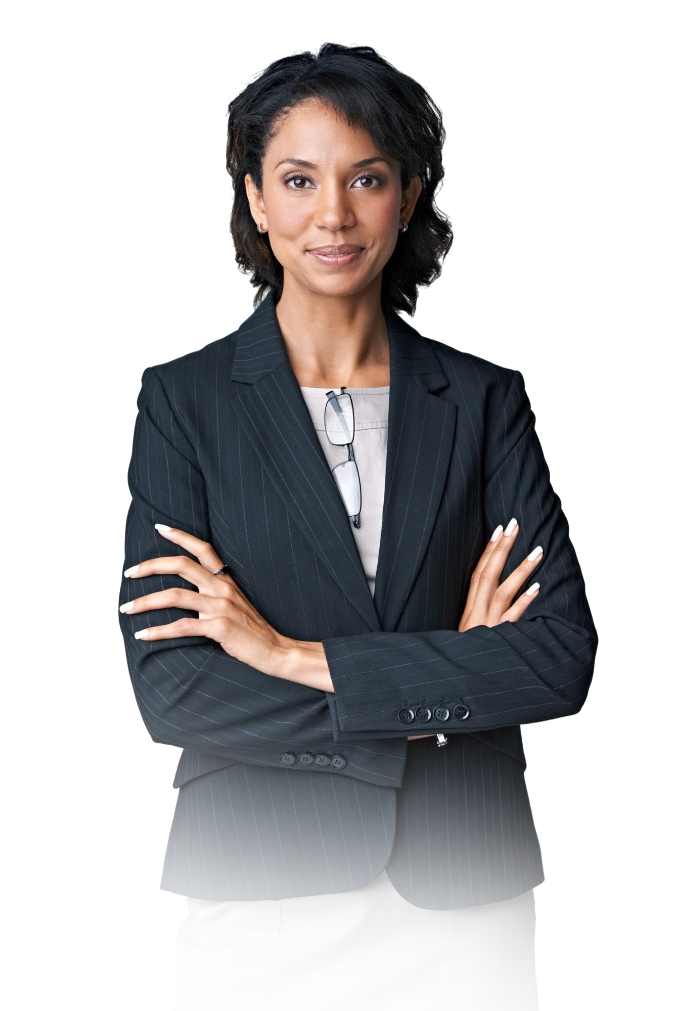 Confident woman in a black blazer with arms crossed, smiling